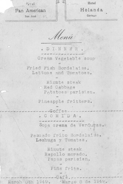 El menú para la cena del Hotel Holanda y Hotel Panamerican, servido el martes 8 de marzo de 1949. Documento propiedad de Johanna Fiesler Calvo