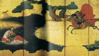 Il duello tra Taira no Atsumori e Kumagai Naozane, "Ichinotani Battle Map Screen", Eiyo Bunko Collection
