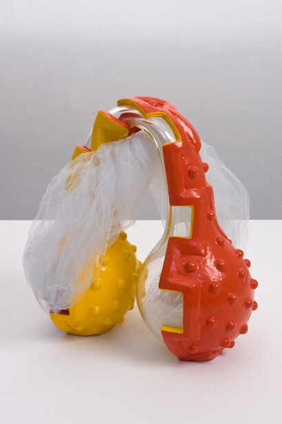 John Newman, Primaries' retort, 2012, blown glass, tulle, mutex, cast acrylic, enamel paint, 10 1/2 x 10 x 8 1/2 inches