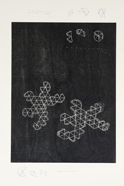 Ester Fleckner         
‘All models are wrong, some are useful, 8’
8  2017
Woodcut, sculpture
Woodcut on paper, pencil, framed and 2 concrete sculptures
Woodcut     : 111 x 86 cm;
Frame     : 118 x 93 x 4 cm; Sculptures     : Ø 8.5 cm & 7.5 cm. Image courtesy of Edouard Malingue Gallery