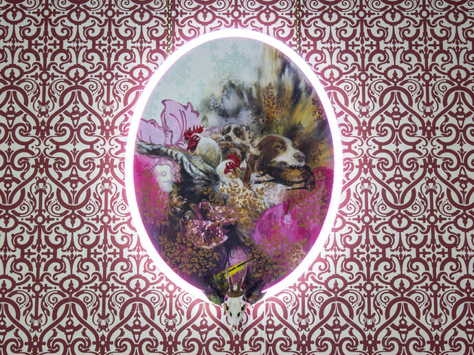 Tristram Aver, Waiting for Master, 2014, 125 x 88 cm (actual variable), oil, acrylic, collage, spray paint, canvas, taxidermy and pink and white LED neon