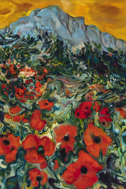 Maria Calandra,
Mont Sainte-Victoire (detail), 2023,
Acrylic on linen, 60 x 45 inches. Courtesy of Fredericks & Freiser, NY