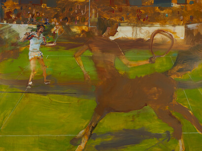 Angela Dufresne, Bethany Fancer Winning at Tennis, 2015, Oil on canvas, 72 x 90 in (183 x 228.5 cm). Courtesy of the Artist, Yossi Milo, and Nathalie Karg Gallery