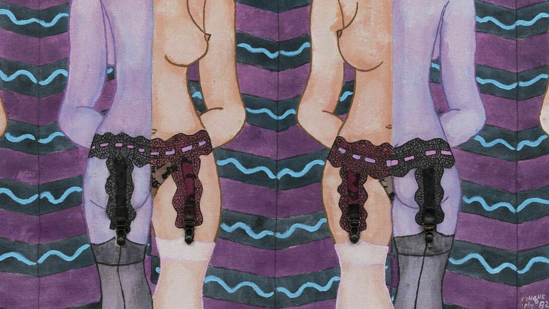 William N. Copley, Conçue, 1982, acrylic, lace and suspenders on canvas, 29 x 51 inches , 73.7 x 129.5 cm. Courtesy of Paul Kasmin Gallery
