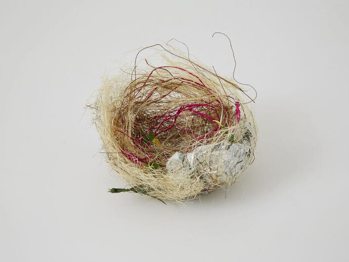 Björn Braun, Untitled (zebra finch nest), 2015
White coconut fiber, silver tinsel, aluminum foil, artificial plastic plant, 4 1/4 x 5 1/2 x 5 inches  10.8 x 14 x 12.7 cm