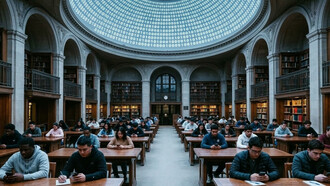 AI-generated smartphone students in the digital reading room of a historic library