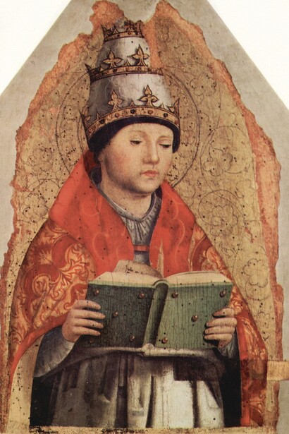 San Gregorio Magno, papa e pastore, è ricordato per il suo instancabile impegno nella riforma liturgica, la diffusione del canto gregoriano e il rafforzamento della Chiesa come guida spirituale e morale. Cuspide di polittico con i Dottori della Chiesa "San Gregorio Magno", Antonello da Messina, 1470, Palermo, Galleria regionale di Palazzo Abatellis