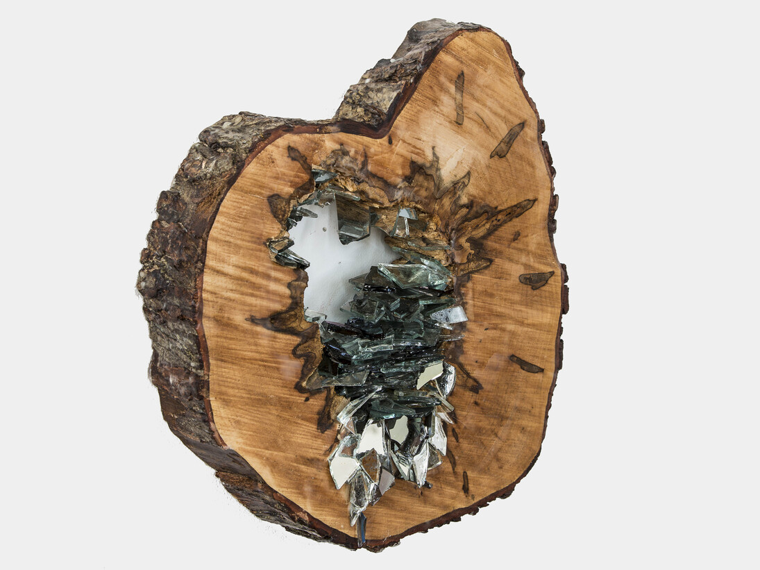 Christine Aaron, Vestige IV, 2015, mirror, encaustic, found wood, 15.5 inches diameter, 2 inches deep
Photo credit: David Wohl