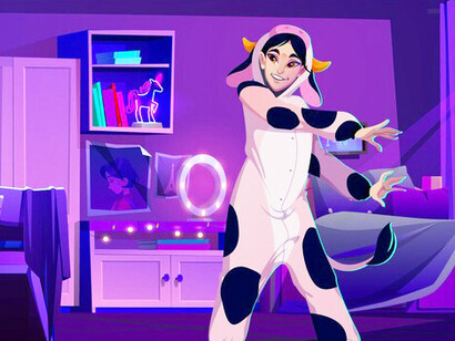 An illustration of a teen's neon bedroom interior at night, featuring The Sims gameplay, a Sims virtual house, and Sims characters