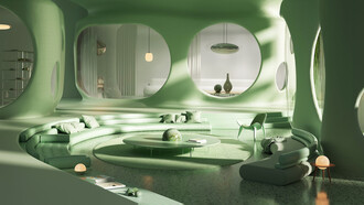 Diseño digital de una sala de estar, realizado por el estudio Six N. Five