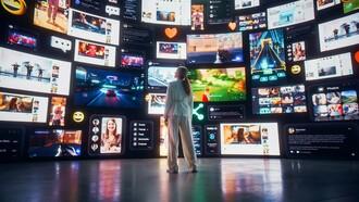 Diante de uma parede de telas, uma mulher contempla o universo de conteúdos que a vida conectada coloca permanentemente ao nosso alcance. Com sugestões, informações e estímulos, o algoritmo ajuda a decidir aquilo que chega até nós