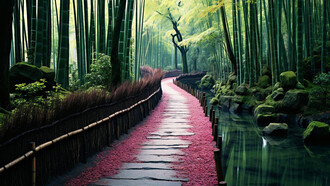 Serene tranquility of a lush green forest, where a winding path invites contemplative walks amidst the enchanting beauty of nature