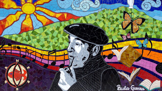 Mosaico del poeta chileno, premio Nobel de Literatura, Pablo Neruda en la calle Dardignac, en el barrio Bellavista, Santiago de Chile