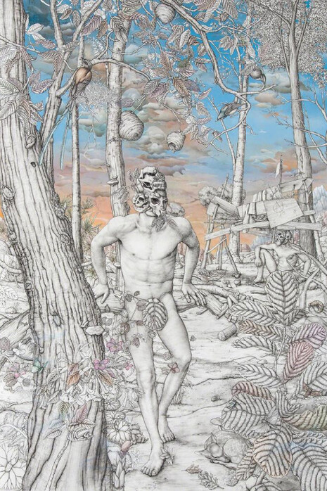 Jon Rappleye, Devil's Trumpet, 2014, acrylic, graphite and spray paint on paper, 52 × 36 in., 132.1 × 91.4 cm