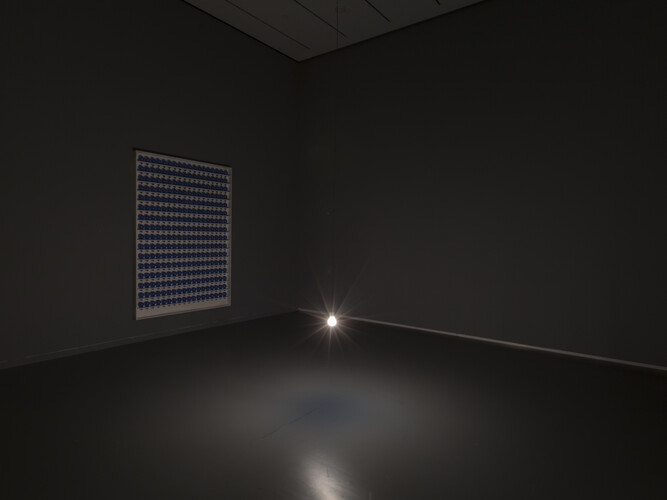 Katie Paterson, Light bulb to Simulate Moonlight, 2008, 289 frosted colored halogen lightbulbs (28W, 4500K), crate, and logbook, Dimensions vary with installation, edition 2/9 Solomon R. Guggenheim Museum, New York 
Purchased with funds contributed by Ahmar M. and Noreen K. Ahmad and an anonymous donor 2011.31
© Katie Paterson, Photo: Dimitris Skliris for Modern Art Museum of Fort Worth, courtesy James Cohan Gallery, New York and Shanghai
