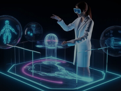 A professional utilizing AR technology for work in a virtual laboratory