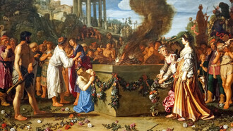 Orestes y Pilades disputando en el altar, de Pieter Lastman, 1614. La escena representa una historia de la antigüedad griega, el robo de una estatua de Diana