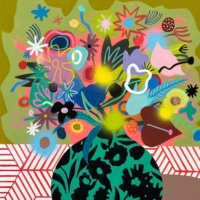 Mary Finalyson, "Floral Triptych" (detail), Flashe, Gouache, Spray Paint, Oil Stick on Canvas, 25.5 x 63.5 inches, Framed. Courtesy of the artist and JoAnne Artman Gallery