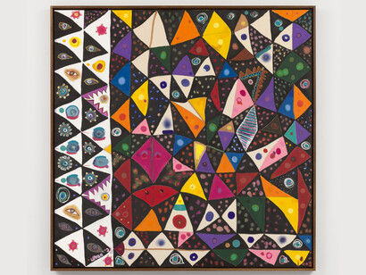 Uman, Zigzag Rolled on A Blunt, 2023, acrylic, oil and oil stick on canvas in artist’s frame, 86 3/4x86 11/16 inches, 220.3x220.2 cm, signed and dated on recto, ©Uman. Courtesy of the artist and Nicola Vassell Gallery
