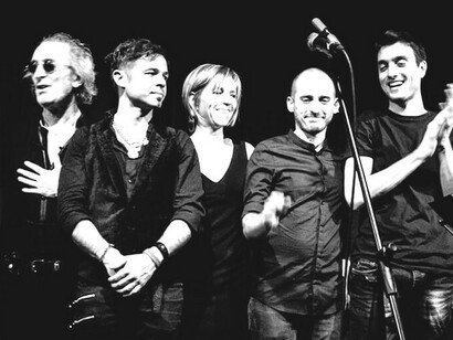 Members of Syndone, the Italian rock band: Nik Comoglio, Riccardo Ruggeri, Simone Rubinato, Marta Caldara, Gigi Rivetti, and Ciro Iavarone