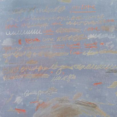 Afshar. Gold and red writing on purple snowscape. Oil on canvas. 65 x 65 cm. 2018.