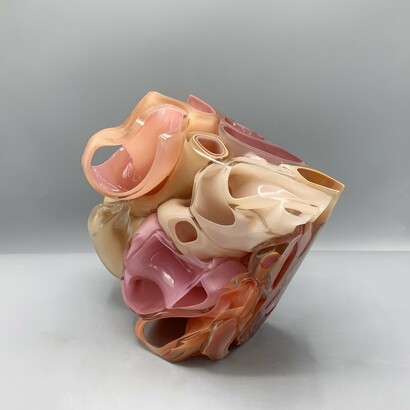 Kim Harty, Ovarian, 2024,
blown and cut glass,
8 x 8 x 5 in. (20.3 x 20.3 x 12.7 cm). Courtesy of the artist and Heller Gallery