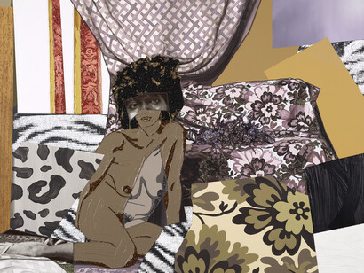 Mickalene Thomas, Left Behind 2, 2014, Strass, acrylique, huile, email et sérigraphie sur panneau de bois, 152,4 x 243,84 cm (60 x 96 in.), Courtesy Galerie Nathalie Obadia, Paris/Bruxelles  