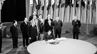 On 1 January 1942, representatives of 26 Allied nations fighting against the Axis Powers met in Washington, D.C. to pledge their support for the Atlantic Charter by signing the "Declaration by United Nations"
