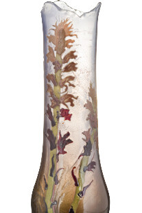 Stangenvase mit Schuppenwurz und einem Vers von Victor Hugo, Emile Gallé (1846-1904)um 1899, Nancy Überfang-Glas, Dekor aufgelegt und graviert, Email-MalereiH 36,8 cm; D 12,7 cm