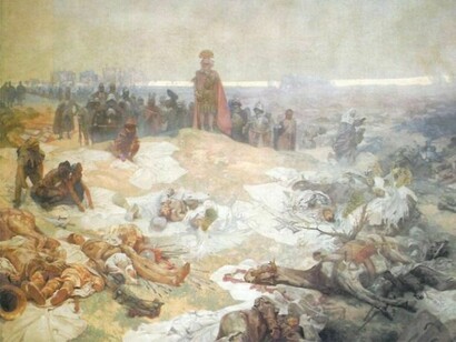 Nach der Schlacht von Grünwald, 1924. Eitempera auf Leinwand, 405 x 610 cm. Mucha-Stiftung, Prag.  
