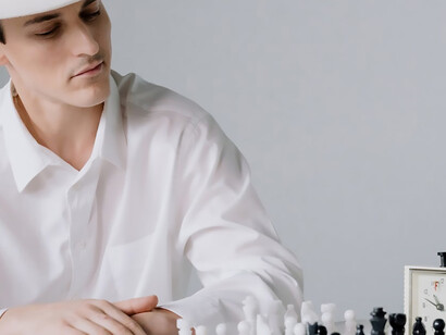 In front of a chessboard, a man, donned in a pristine white shirt and a matching white hat, assumes a thoughtful pose, poised for a strategic chess game