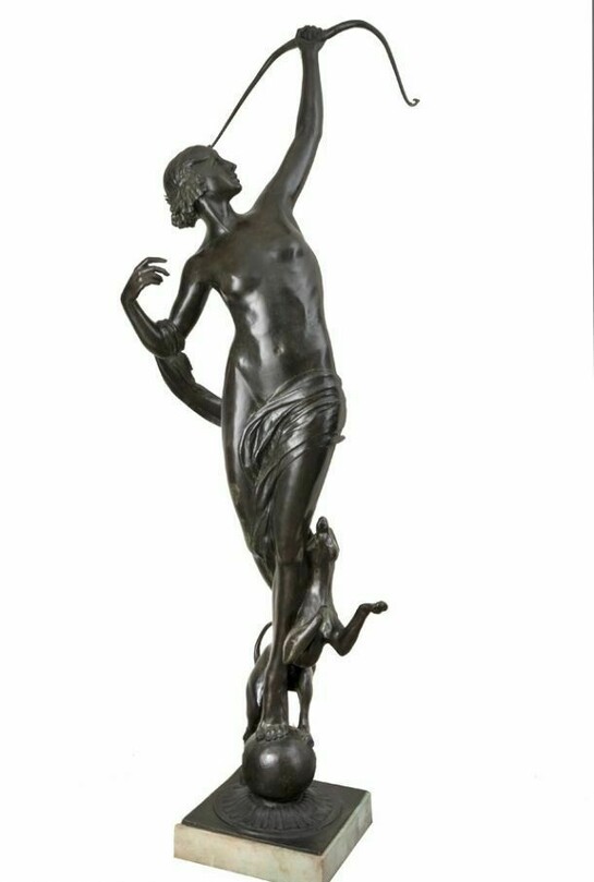Anna Hyatt Huntington. Diana of the Chase, ca. 1922; cast between 1923 and 1939. Bronze and marble; 99 x 33 x 29 1/2 in. (251.5 x 83.8 x 74.9 cm). Collection The New-York Historical Society, gift of Mr. and Mrs. Archer B. Huntington (1939.252). Photo courtesy The New-York Historical Society.