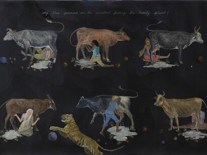 NS Harsha, Why, 2014, Acrylic on canvas, 61 x 86 cm, 24 1/8 x 33 7/8 in, Courtesy the Artist and Victoria Miro, London © NS Harsha