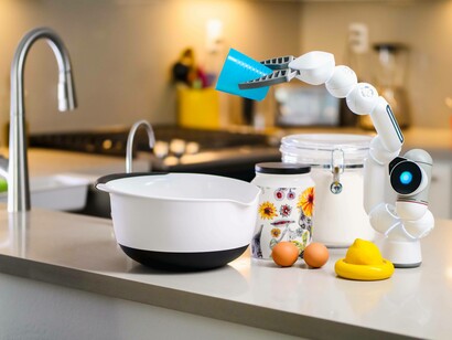 An AI robot cook pouring contents into a bowl