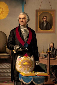 O presidente dos EUA, George Washington, presidindo uma reunião da Loja Maçônica de Alexandria, Virgínia. Esta reunião preparou a loja para lançar a pedra fundamental do Capitólio dos Estados Unidos em 18 de setembro de 1793