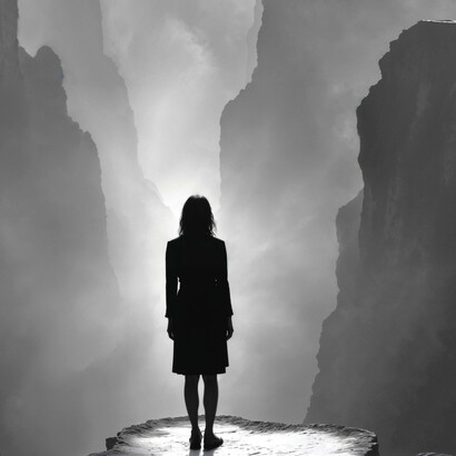 A lone figure stands on the edge of a precipice, surrounded by towering voids—confronting the collapse of meaning and the abyss it leaves behind