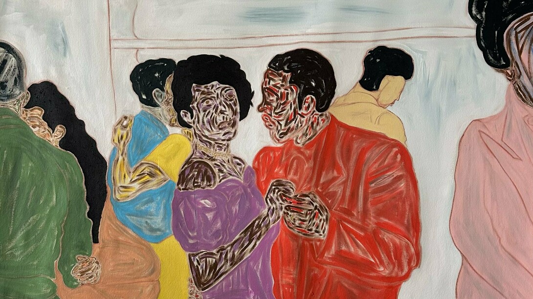Sissòn, Annie (detail), 2024. Acrylic and charcoal on cotton canvas, 63 x 63 inches. Courtesy of the artist and Allouche Gallery
