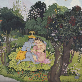 Master of the first generation after Manaku and Nainsukh of Guler, “I was so shy”, Krishna and Radha meet for the first time, Folio 13 from the Gitagovinda series of 1775/1780, c. 1775. Courtesy of Museum Rietberg
