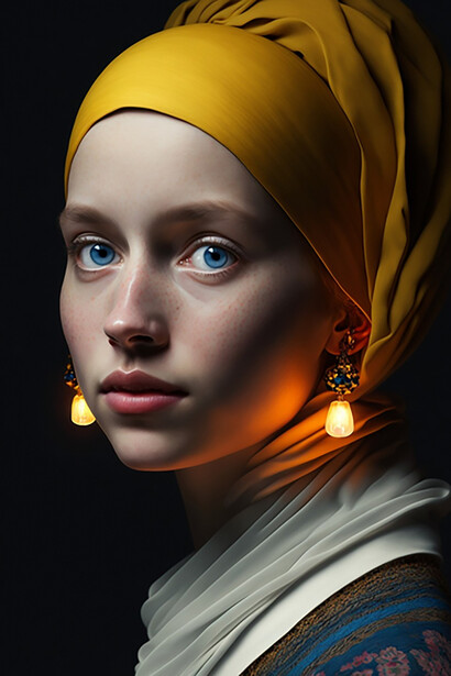 Version du célèbre tableau La jeune fille à la perle de Vermeer. Elle a été réalisée par intelligence artificielle et est exposée au musée Mauritshuis de La Haye