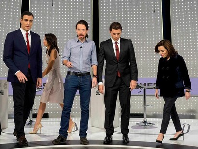 Pedro Sánchez, Pablo Iglesias, Albert Rivera y Soraya Sáenz de Santamaría en el debate electoral a cuatro