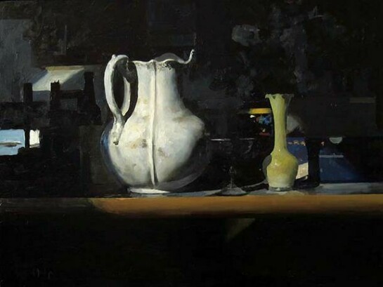 Hollis Dunlap, Still Life with Yellow Vase, 2014, Oil on Board, 18" x 24"
