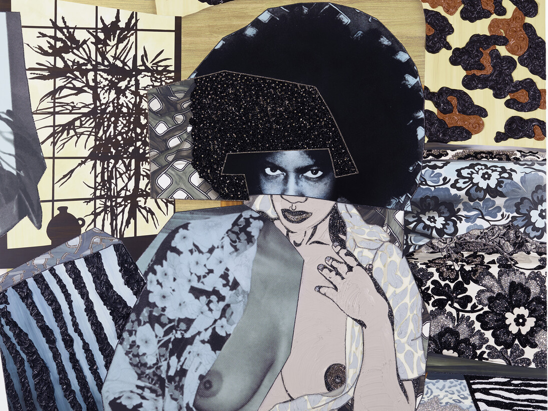 Mickalene Thomas, Maya #7, 2015, Strass, acrylique et huile sur panneau de bois, Rhinestones, acrylic and oil on wood panel, 213,36 x 228,6 x 5,08 cm, Courtesy Mickalene Thomas & Galerie Nathalie Obadia Paris/Bruxelles. Copyright: Mickalene Thomas Studio