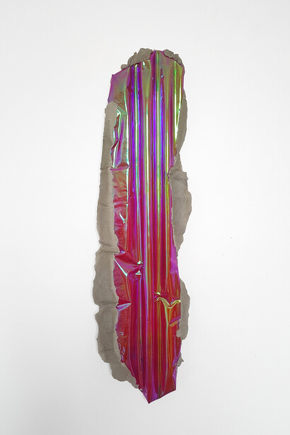 Eyrich von Motz, Bling Brutalism, He Man, 2018, multicolored film, concrete red, 84x24x7 cm | 33x91⁄2x23⁄4 inches. 
