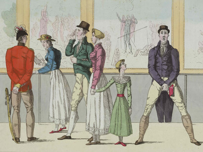 Anonymous, La famille Anglaise au Museum à Paris, 1814, Paris, Hand-coloured etching on paper, H 21.9 x W 28.4 cm © The Trustees of the British Museum