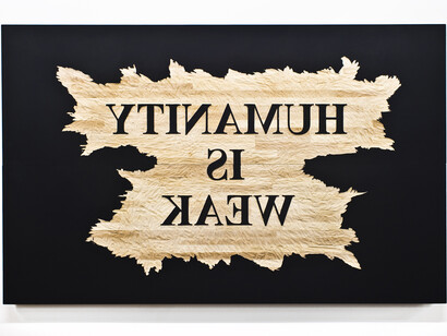 Nasan Tur Humanity is weak 2015 Woodcut 2 parts: 160 x 250 cm / (2 parts: 63 x 98⅜ in) / each: 80 x 250 cm / (each: 31½ x 98⅜ in), Image courtesy of the artist and Blain|Southern. Photo: Christian Glaeser, 2015