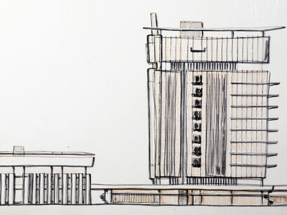 Leonardo Ricci
Progetto per un Palazzo per Uffici a Milano. Schizzo di prospetto, (1960-1970)
Pennarello, china e pantone su carta pergamena, 755X1000 mm
(Fondo Leonardo Ricci)
