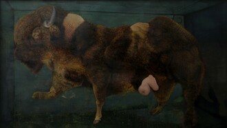 Oscar Giaconia, BHULK (The Bulldoll), 2019, acrilico, ossidi, fiele di bue, taurocolla, gelatina di pesce, brodo di carne, agar, caglio e coagulante liquido su carta lubrificata intelata in teca di nylon, 124 x 219 cm, foto Roberto Ferro. Courtesy the artist and Monitor Rome, Lisbon, Pereto
