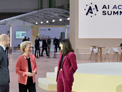 At the AI Action Summit in Paris, France, from left to right: Jean-Noël Barrot, French Minister for Europe and Foreign Affairs; Ursula von der Leyen, President of the European Commission; and Clara Chappaz, French Minister Delegate for AI and Digital Technologies