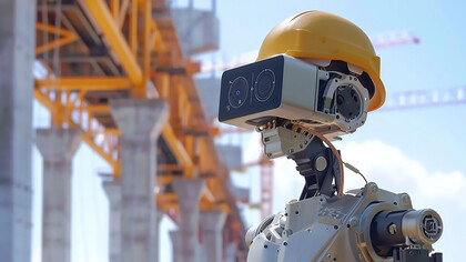 Futuristic scene featuring advanced robots revolutionizing the construction industry with high-tech automation