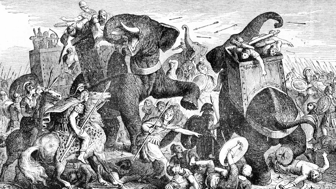 "La batalla de Gaza, 312 AC", ilustración publicada en "Historia ilustrada del mundo", 1881-1884